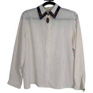 No Brand Vintage Women's Off-White Embroidered Collared Button Up Blouse Size L